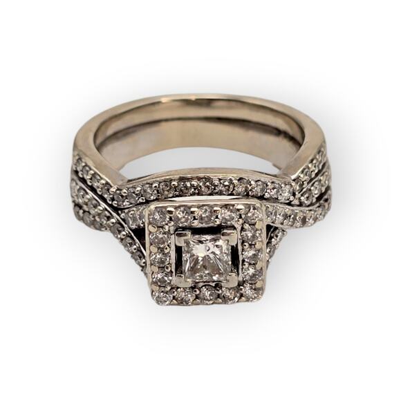 14k White Gold Diamond Bridal Set Princess Halo Engagement Ring & Twisted Band - Picture 2 of 12